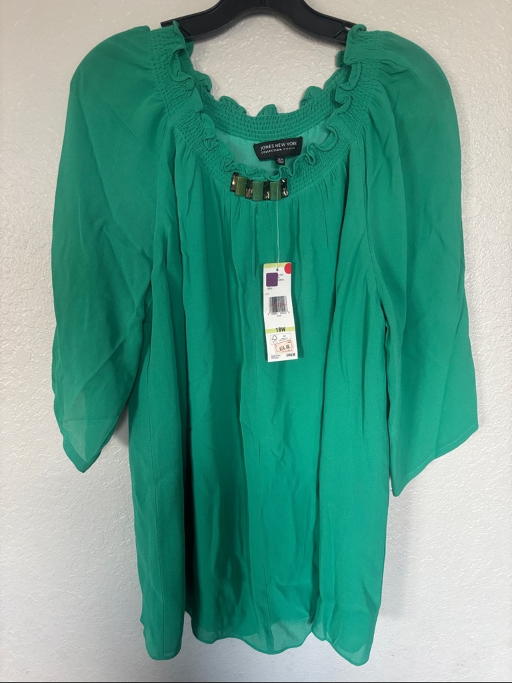 Jones New York Teal-Green Smocked Neck Tunic with Gem Accent